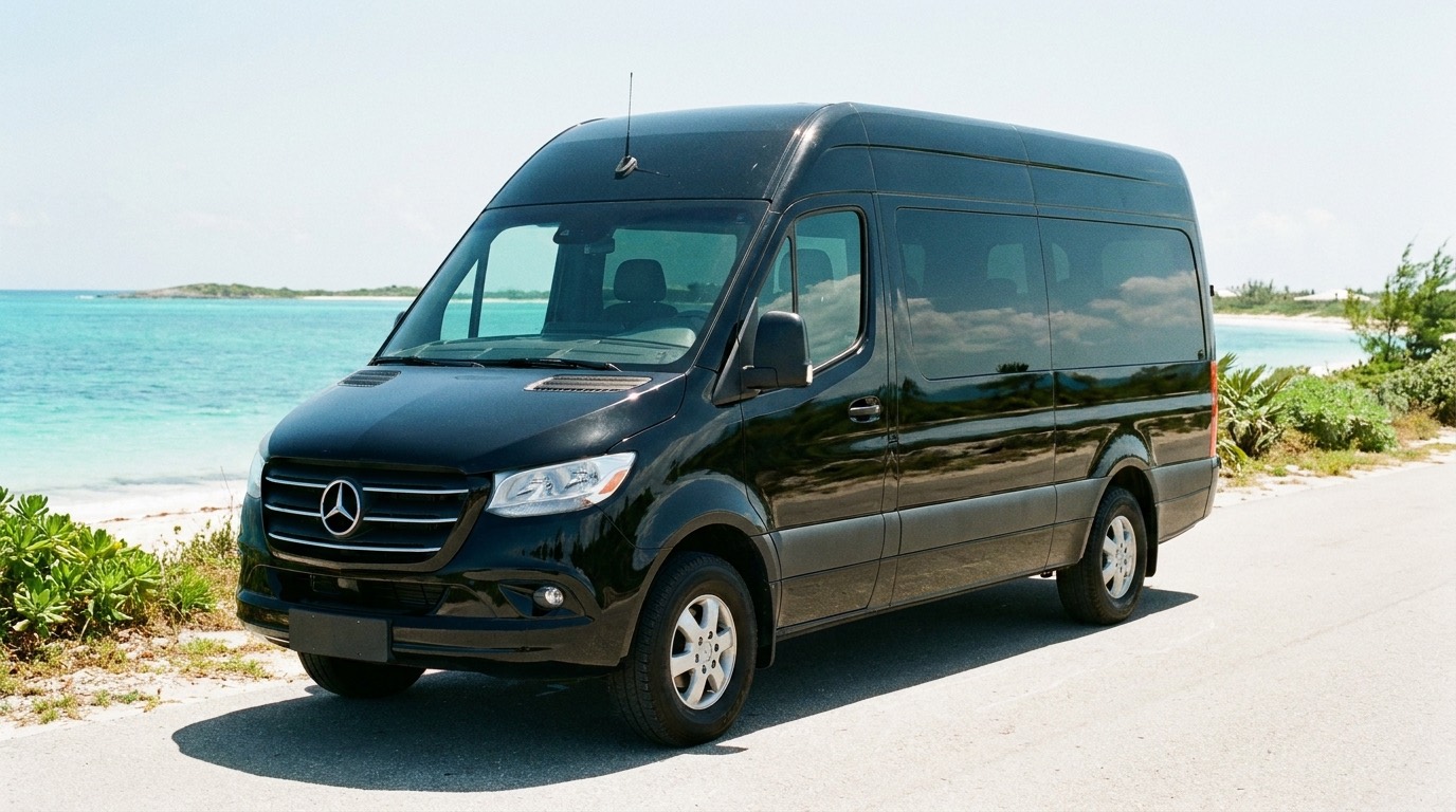 Black Mercedes-Benz Sprinter passenger van on a coastal road in Turks and Caicos